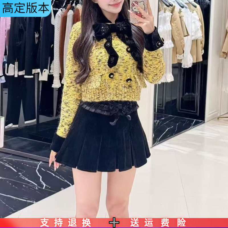 定制2025秋新款高腰复古蝴蝶结钉珠装饰A字丝绒百褶半身裙短裙女
