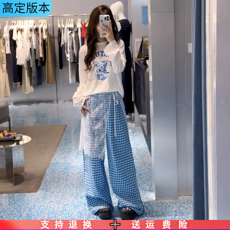 定制2025秋新圆领字母宠物印花白色蕾丝腰封宽松两件套长袖T恤女