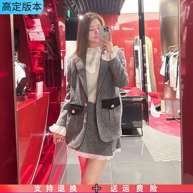 定制2025秋季新款撞色西装领宽松显瘦摩登袖毛呢千金风西装外套女