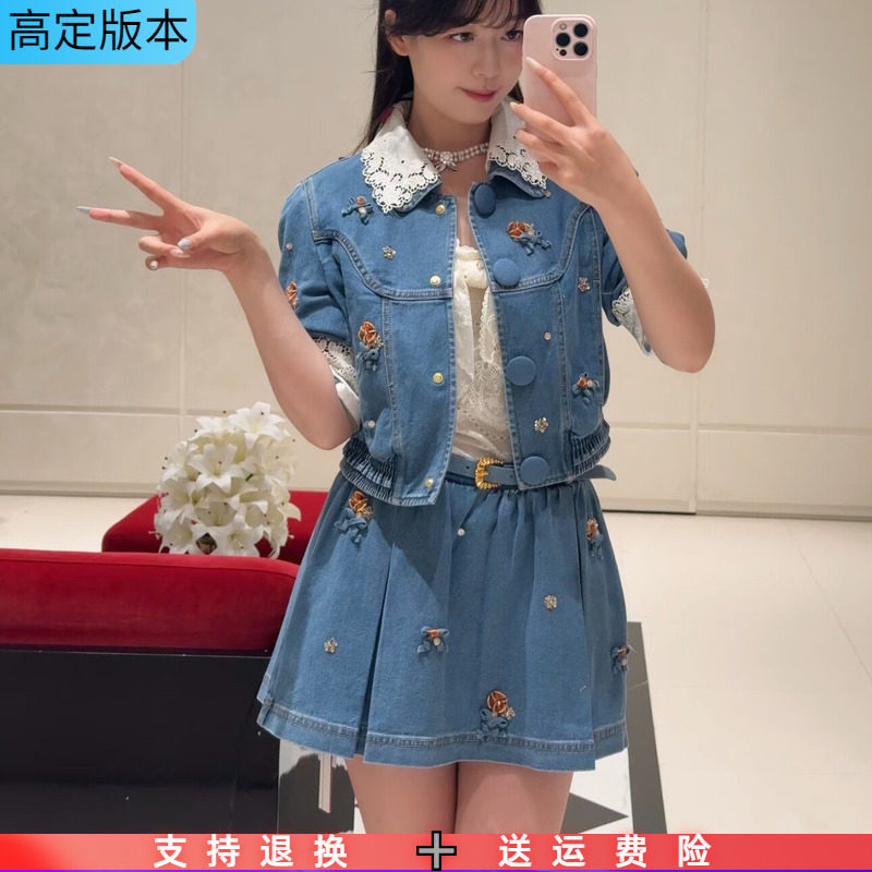 2026夏季新款蕾丝拼接翻领蝴蝶结花朵装饰五分袖牛仔短款外套