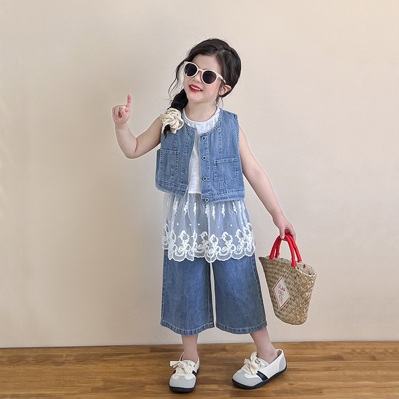 女童夏装套装儿童新款女宝宝夏季韩系洋气马甲背心蕾丝花边牛仔裤