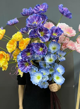 婚礼仿真挑高大花材大罂粟虞美人格桑花油画风深蓝婚庆婚礼堂酒店