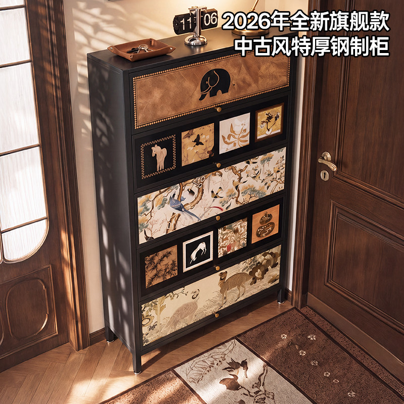 钢制鞋柜新款家用门口入户玄关靠墙中古风多层大容纳收纳一体鞋柜图片