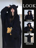 Little Devil Couple Pajamas: New Coral Fleece thickened Men's Black nightgown Long Home Wear set for women's autumn and winter thumbnail 2