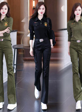 2026春秋装女运动套装军绿色喇叭裤长袖体恤高腰工作服水兵服户外