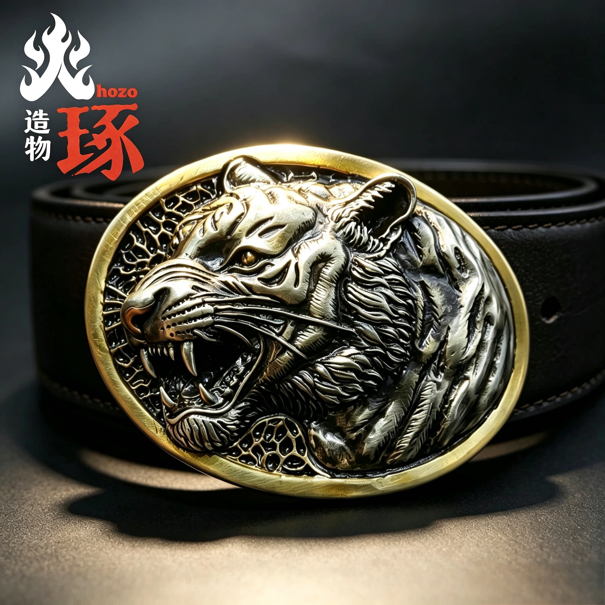 复古浮雕虎头皮带扣 男士纯铜做旧虎首板扣 个性国潮霸气腰带配件
