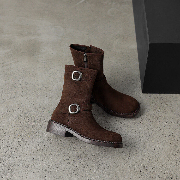 欣秀//复古擦色磨砂高级感西部靴女皮带扣百搭机车马丁靴短靴