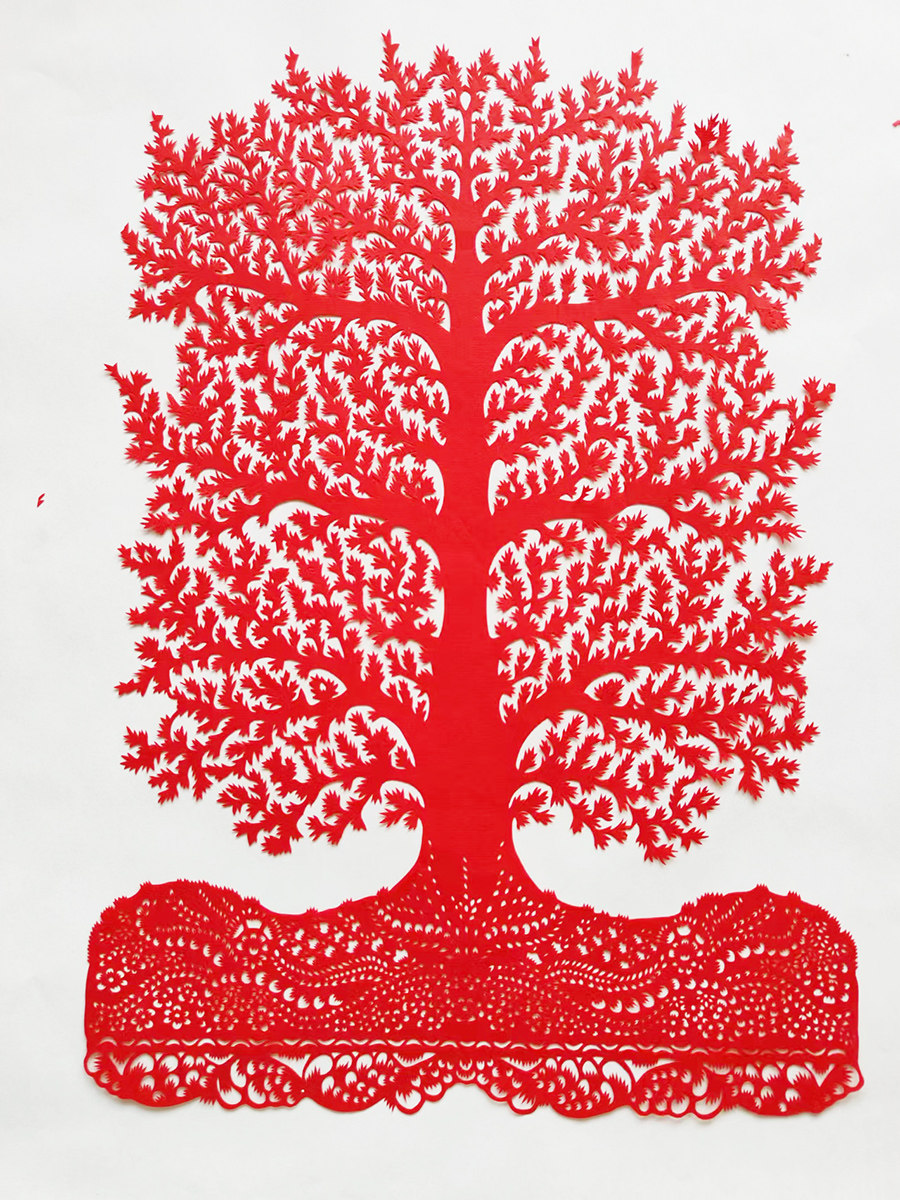 树 生命树红色剪纸窗画玻璃橱窗板报展览学生单位宣传贴纸对称画