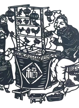 刻纸蓝色生活场景民俗人物装饰画