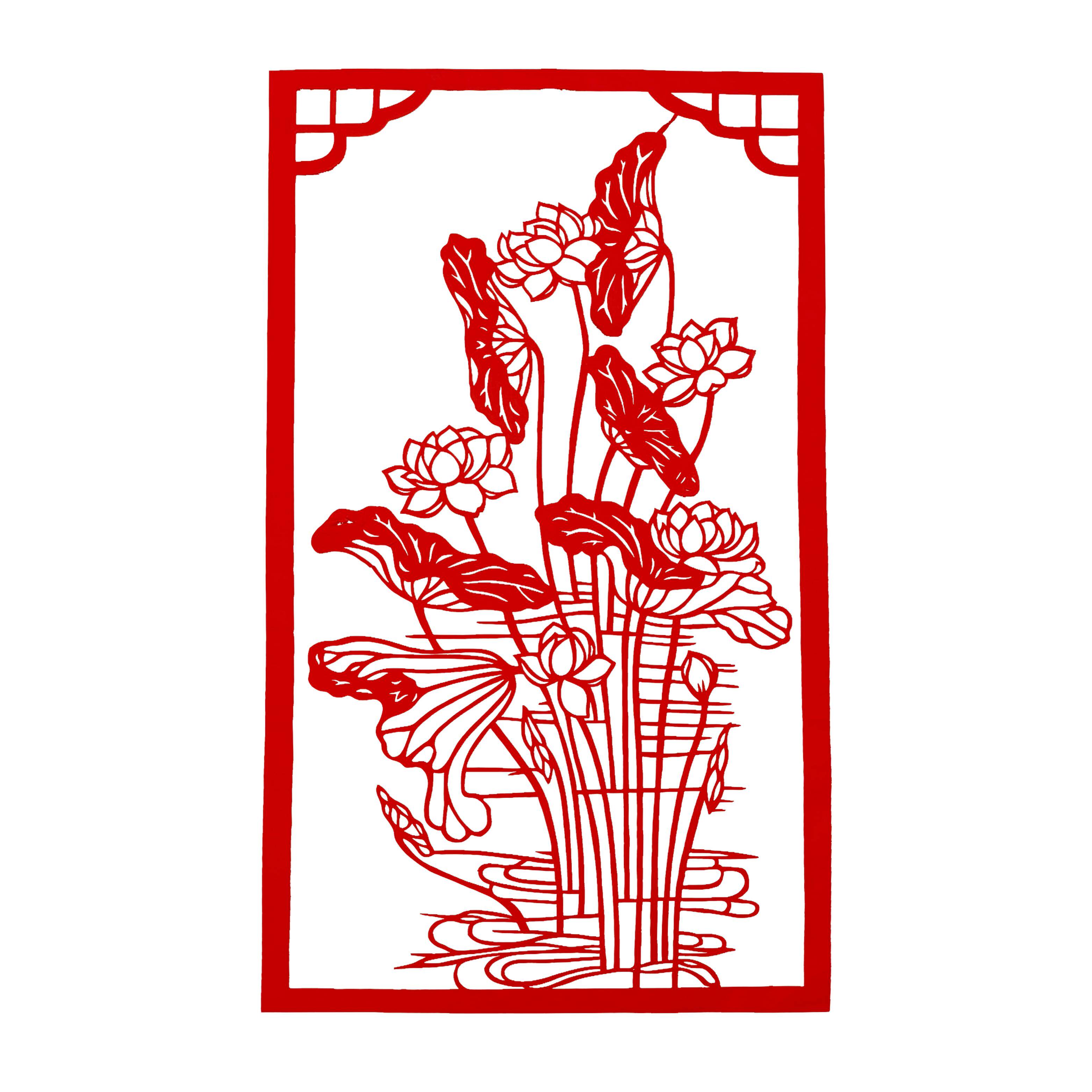 荷花 花鸟红色剪纸装饰画纸窗花纯手工镂空刻纸成品四幅荷花礼品