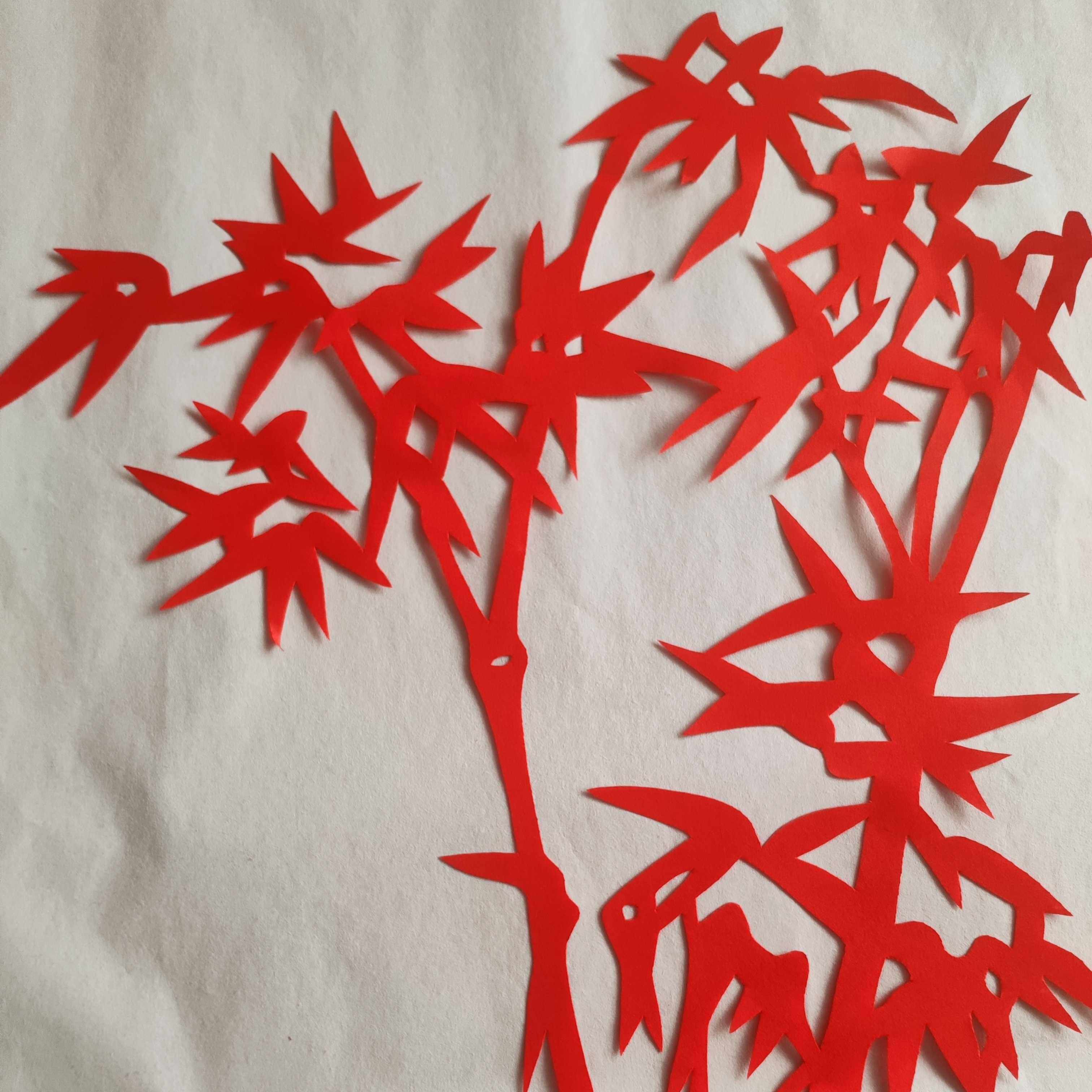 竹子菊花红色大尺寸剪纸窗花装饰画手工镂空刻纸可装裱宣纸 竹 菊