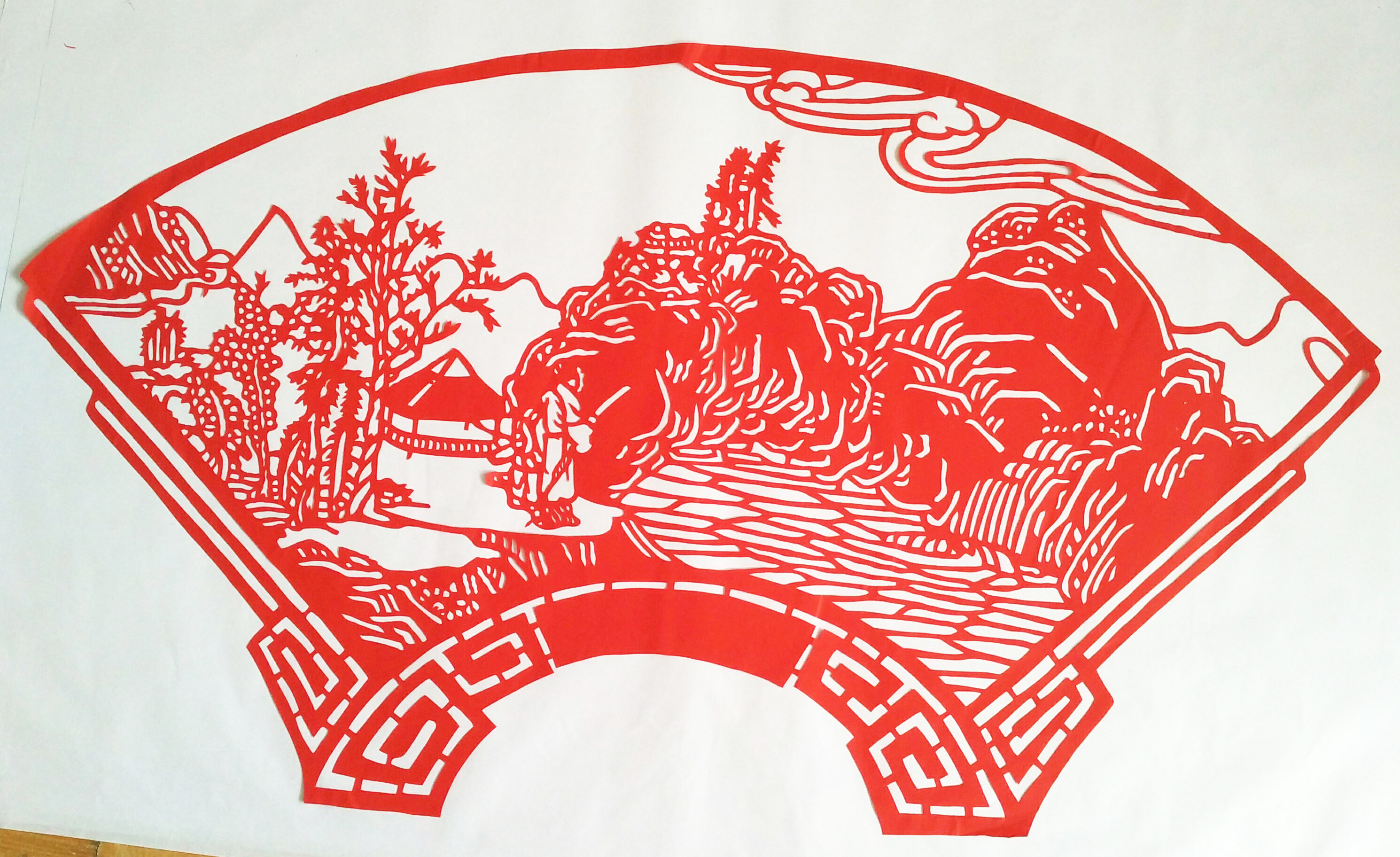 山水风景建筑剪纸剪贴画手工镂空刻纸成品装饰画双面红宣纸大尺寸
