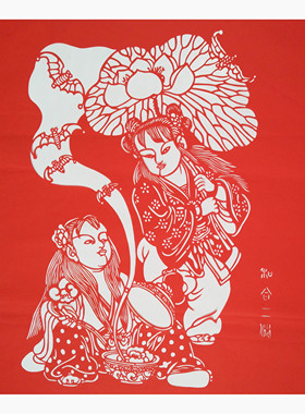 和合二人物剪纸剪之缘红色成品