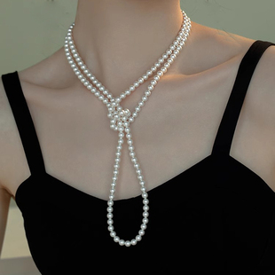 珍珠项链长款多层叠带中国风施家珍珠女款正圆毛衣链配饰高级感