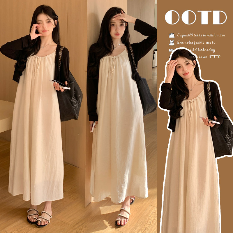 임산부 2024 봄 여름 신작 스커트 한국 스타일 패셔너블한 루즈한 스트랩 서스펜더 스커트 + 자외선 차단 카디건 투피스 스커트