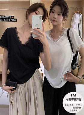孕妇装夏装T恤时尚体恤短袖夏季薄款设计感蕾丝上衣