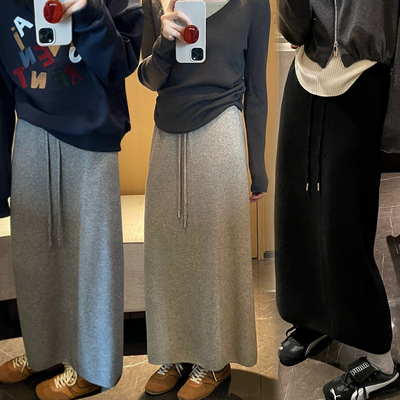 孕妇裙子秋冬简约百搭松紧腰抽绳半身裙小个子直筒后开叉针织长裙