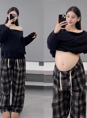 孕妇裤格子裤秋冬抽绳托腹加绒休闲裤毛呢阔腿裤早春小个子打底裤
