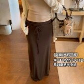 孕妇半身裙春秋季 外穿抽绳开叉复古简约慵懒感中长款 弹力高腰裙子