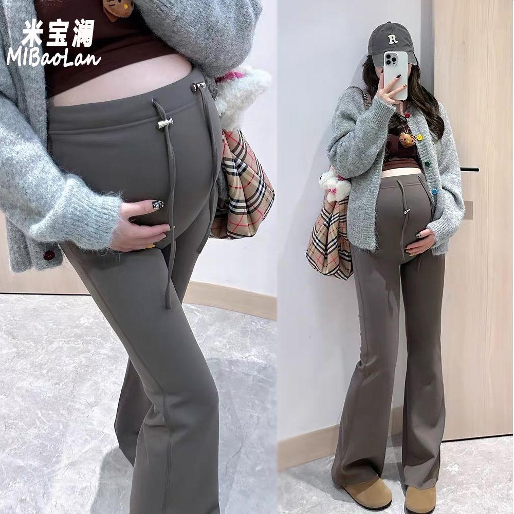 孕妇裤子秋冬猪鼻扣加绒鲨鱼皮外穿喇叭裤抽绳高腰微喇早春打底裤