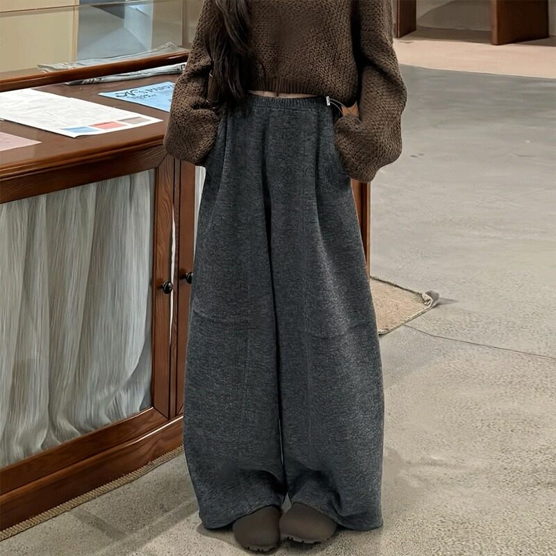 孕妇裤子秋冬季侧调节垂感毛呢宽松慵懒阔腿裤孕期糯米休闲裤冬装