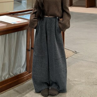 孕妇裤子秋冬季侧调节垂感毛呢宽松慵懒阔腿裤孕期糯米休闲裤冬装
