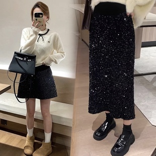 孕妇亮片短裙春秋托腹A字显瘦珠片半身裙秋冬小个子外穿包臀裙秋