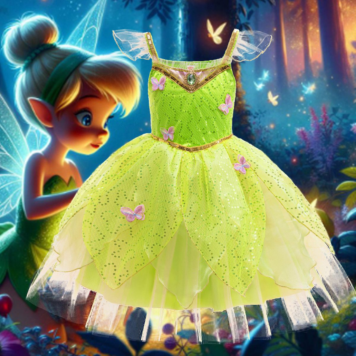 女童小精灵蒂安娜绿色吊带演出服
