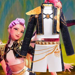 亚马逊外贸童装女童猎魔女团鲁米表演服舞蹈打歌服短裤漏肚脐套装