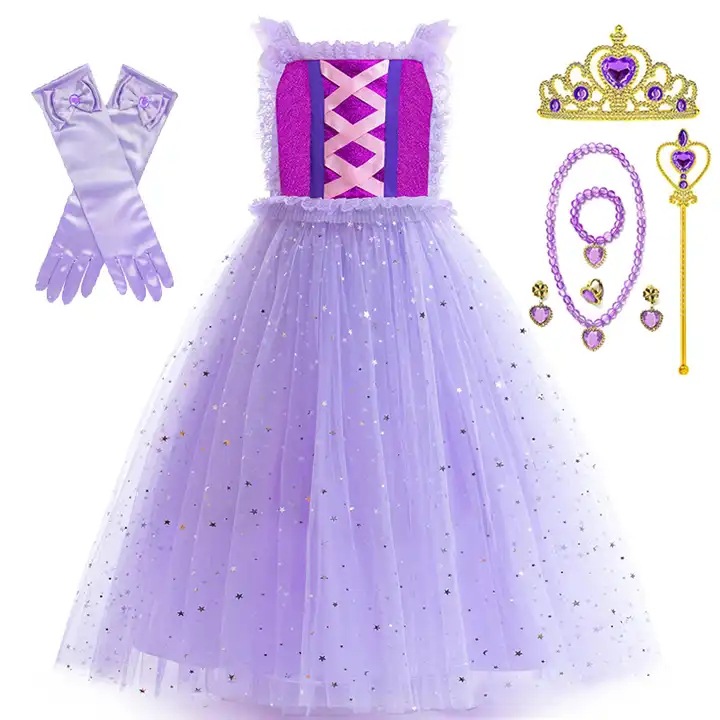 女童长发公主乐佩裙吊带网纱礼服