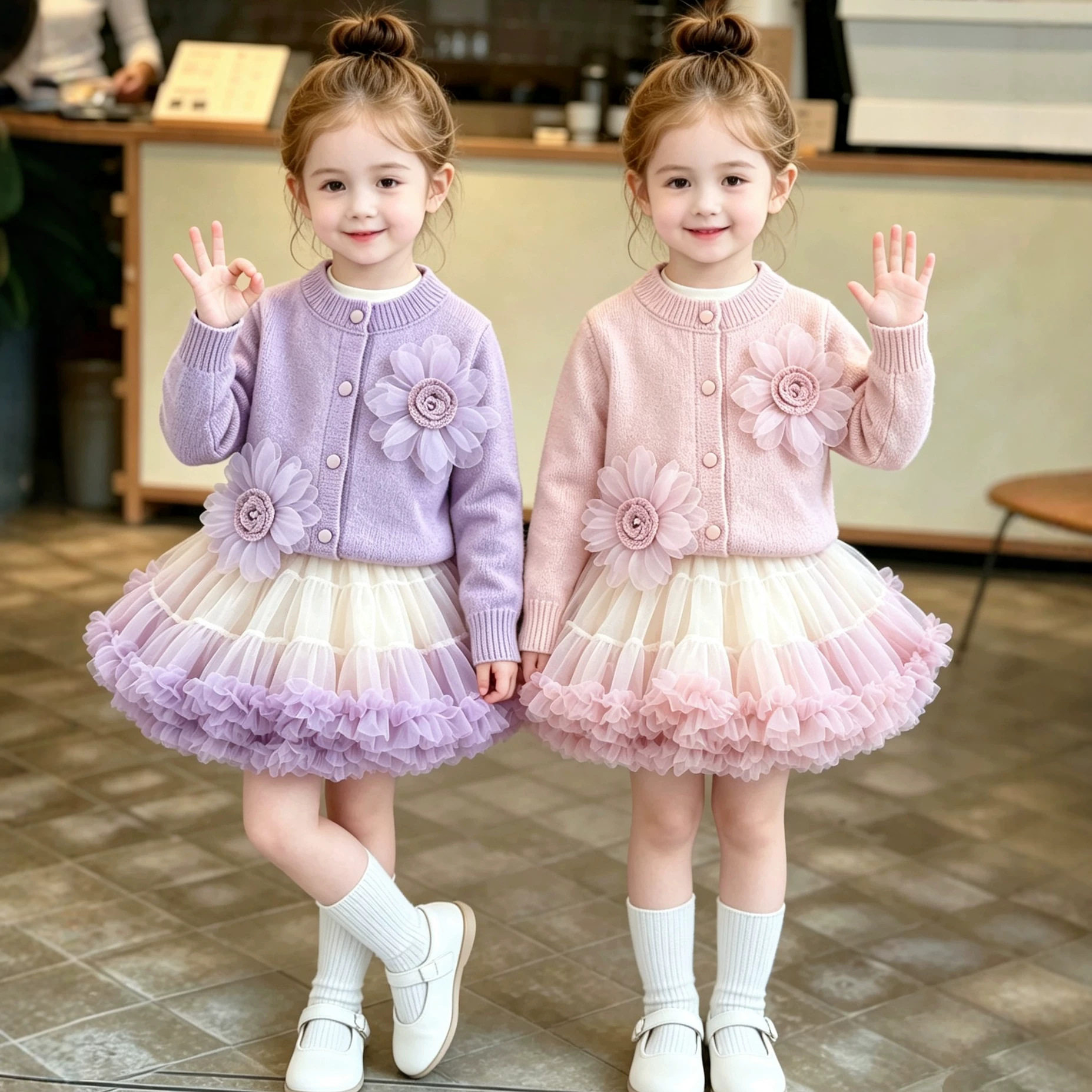 女童幼儿园毛衣裙套装宝宝甜美大花圆领针织上衣蓬蓬短裙两件套秋