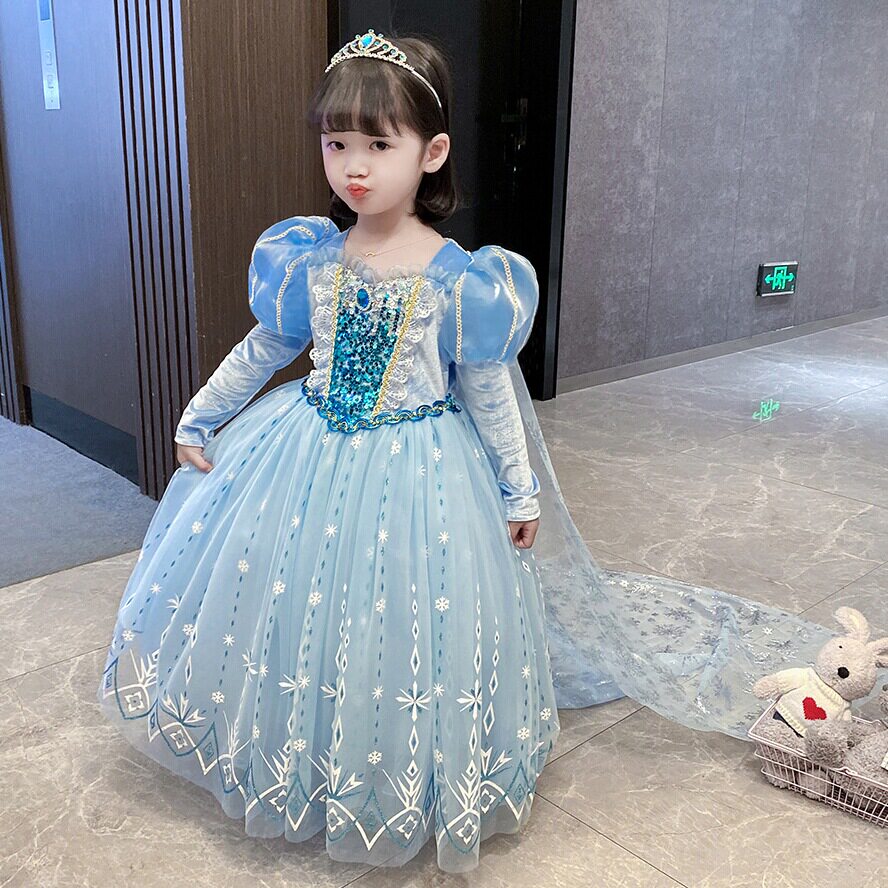 秋冬女童爱莎公主裙长袖披风拖地长裙冰雪奇缘艾莎泡泡袖蓬蓬裙子