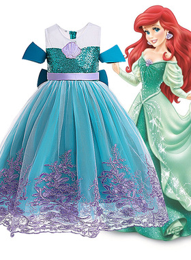 外贸女童裙美人鱼一字肩洋气公主裙优雅宴会晚礼服绿色绣花表演裙