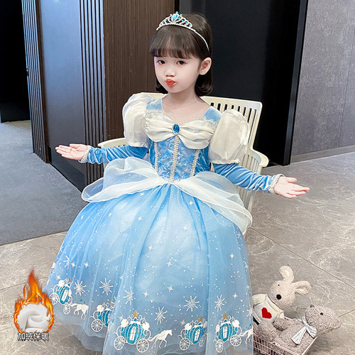 女童冰雪奇缘蓝色保暖连衣裙魔法