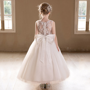 青少年女童白色婚礼纱裙蕾丝刺绣大蝴蝶结晚礼服蓬蓬纱伴娘裙