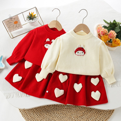 女童针织毛衣爱心裙套装生日裙冬