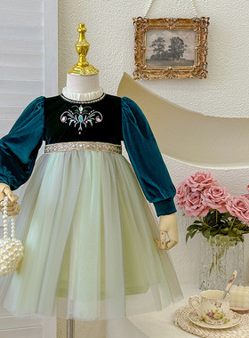 女童连衣裙2024秋季新款冰雪奇缘安娜公主绿色刺绣网纱蓬蓬长裙