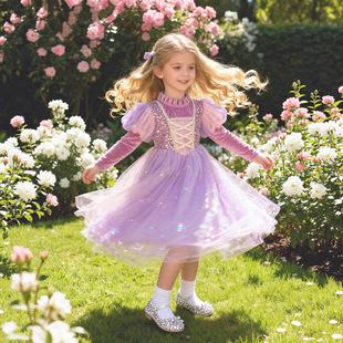 苏菲亚裙高端女童紫色洛丽塔连衣裙冬装洋气生日蓬蓬裙艾莎礼服