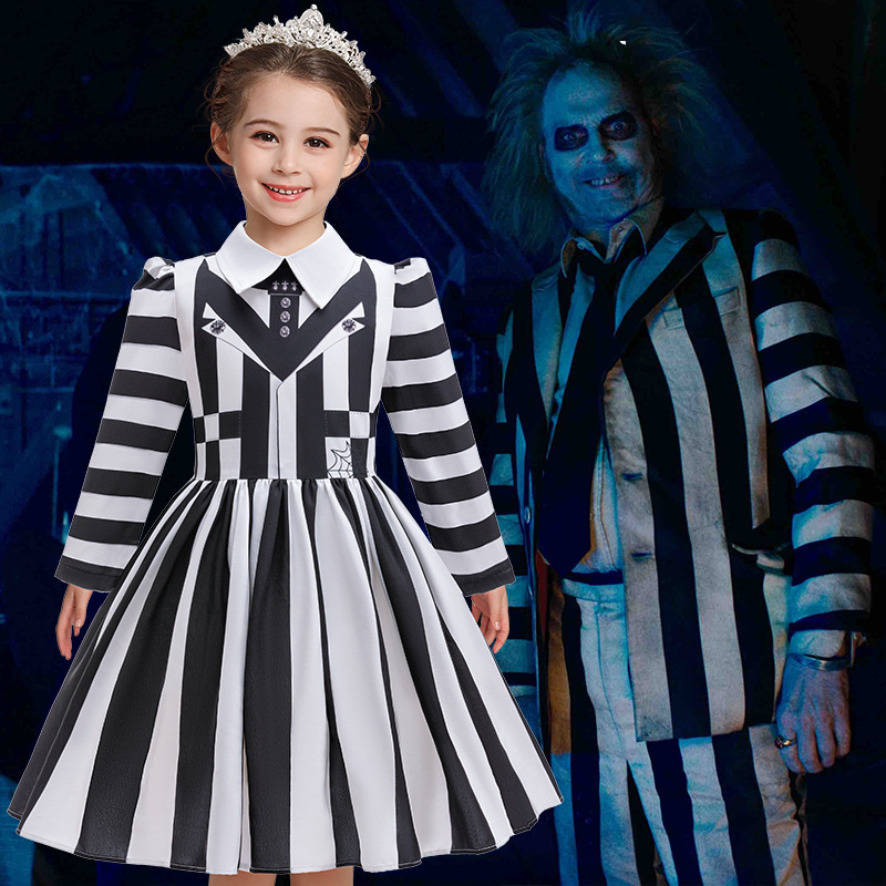 阴间大法师黑白条纹女童连衣裙