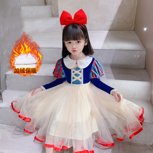 冬女童白雪公主裙加绒生日礼服娃娃领长袖洋气蓬蓬裙儿童表演服装