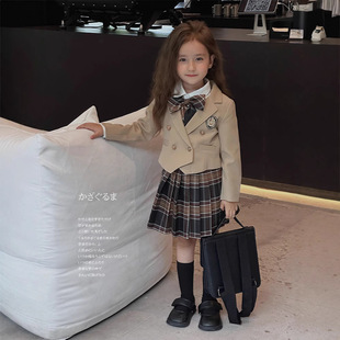 女童学院风JK制服套装新款韩版格子西装外套校服百褶裙三件套洋气