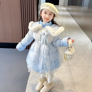 冬季女童爱莎羽绒服冰雪奇缘洛丽塔中长款棉袄高品质毛领外套艾莎