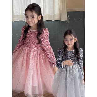 秋冬女童亮片金丝绒连衣裙高端精品小众公主裙加绒加厚生日礼服裙