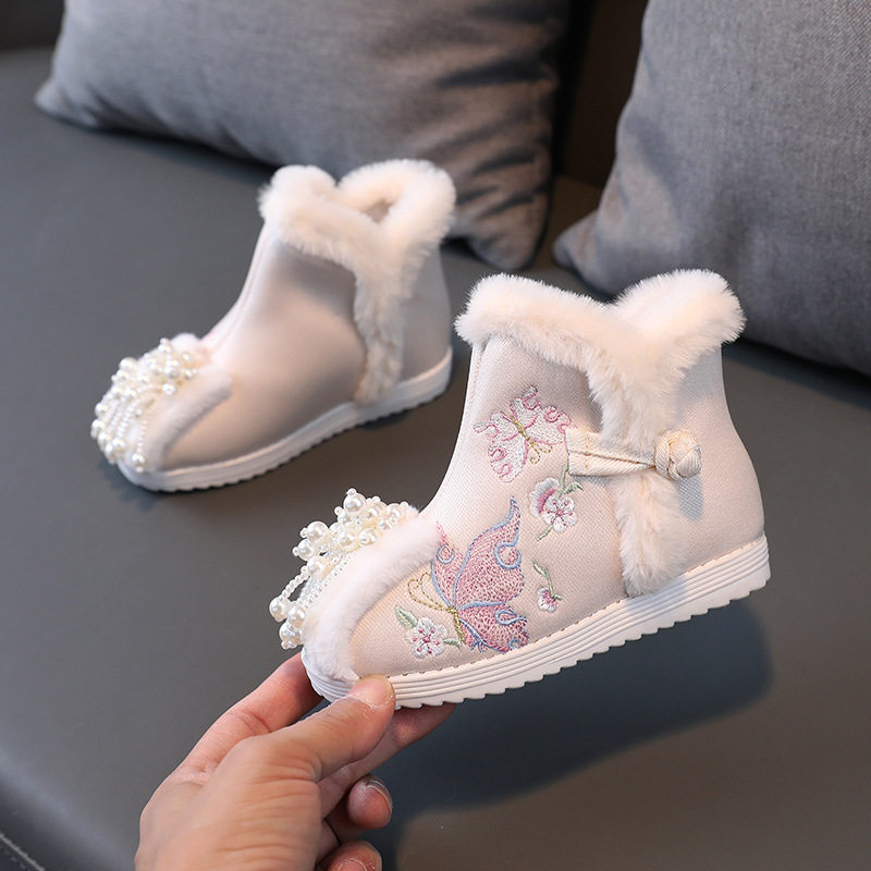 女童汉服鞋加绒布鞋冬季古装中国风绣花鞋大家闺秀鞋子毛绒洋气潮