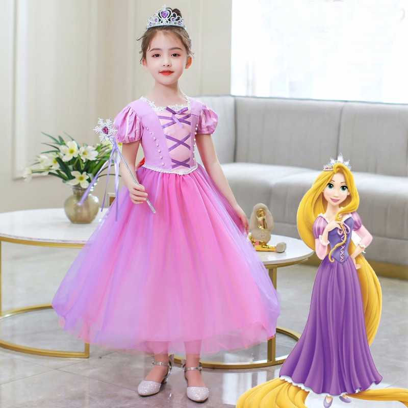 女童长发公主裙短袖彩色长裙