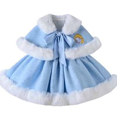 原创女童蓝色加厚毛呢披风套装裙