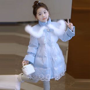 女童棉衣冬季中长款加厚外套保暖毛领收腰显瘦蓝色棉袄款爱莎棉服