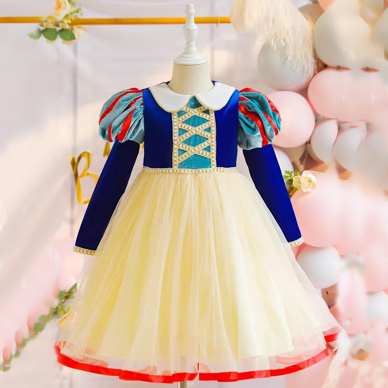 秋冬女童白雪公主裙中小童长袖娃娃领加绒连衣裙六一节日表演服