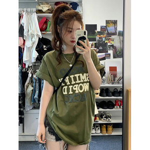美式复古绿色短袖t恤女夏季oversize潮牌设计感小众高街半袖上衣