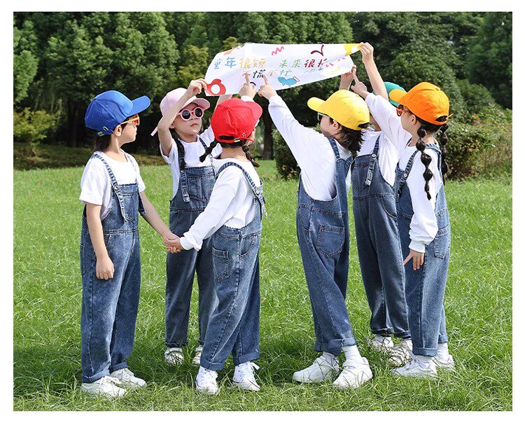 秋冬儿童演出服牛仔背带裤糖果色卫衣幼儿园运动会男女童表演服装